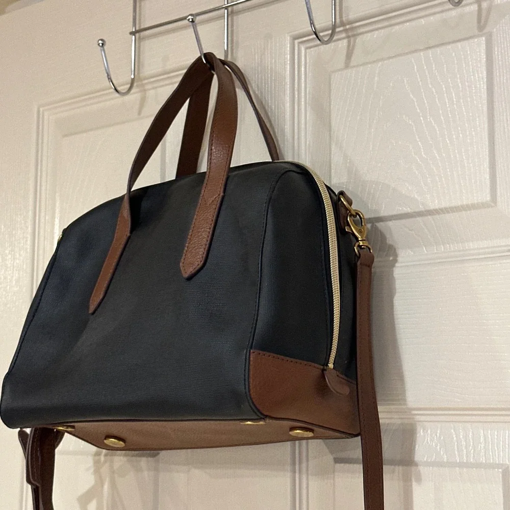Fossil Sydney Satchel Black Brown Leather Trim Crossbody Bag
